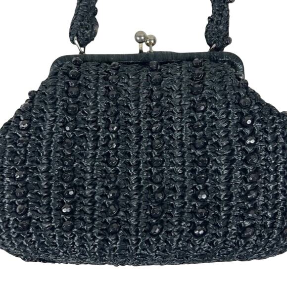 Vintage Marcus Brothers Handbag Black Beaded Crochet Top Handle Evening 50s Glam - Picture 2 of 5
